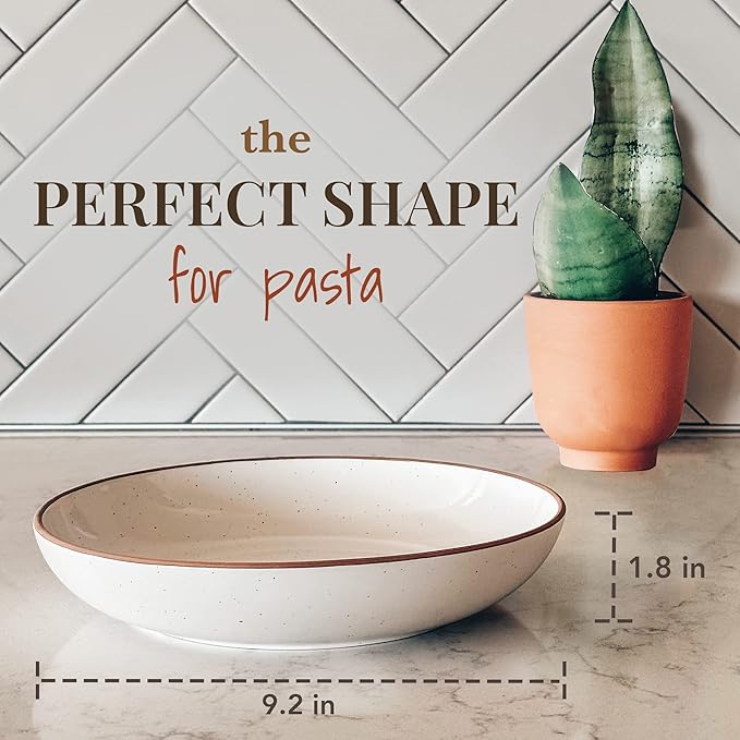 Mora Ceramic Large Pasta Bowls 30oz, Set of 4 - Serving, Salad, Dinner, etc Plate/Wide Bowl - Microwave, Oven, Dishwasher Safe Kitchen Dinnerware - Modern Porcelain Stoneware Dishes, Vanilla & Grey
