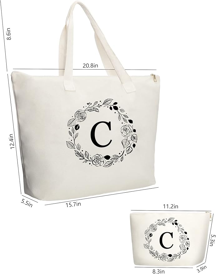 Personalized Initial Canvas Tote Bag with Zipper, Present Bag with Inner Pocket & Make Up Bag, Great Gifts for Women, Mom, Teachers, Friends, Bridesmaids