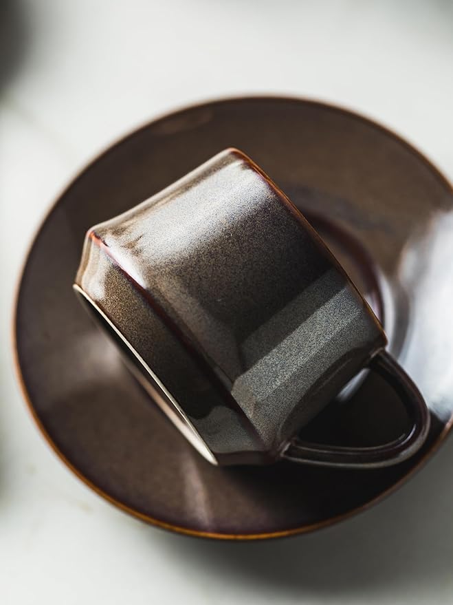 YHOSSEUN Espresso Cups 4 Oz, Porcelain Coffee Cups Set of 6 Espresso Cup with Saucers, Meatal Stand, and Stir Spoons, Brown Expresso Shots Cup