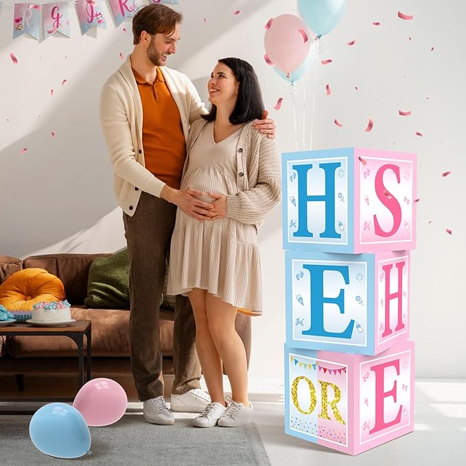 3pcs Gender Reveal Decorations Baby Boxes, Blue Pink He or She Gender Reveal Theme Boxes Party Supplies, Blue Blush Pregnancy Announcement Cardboard Box