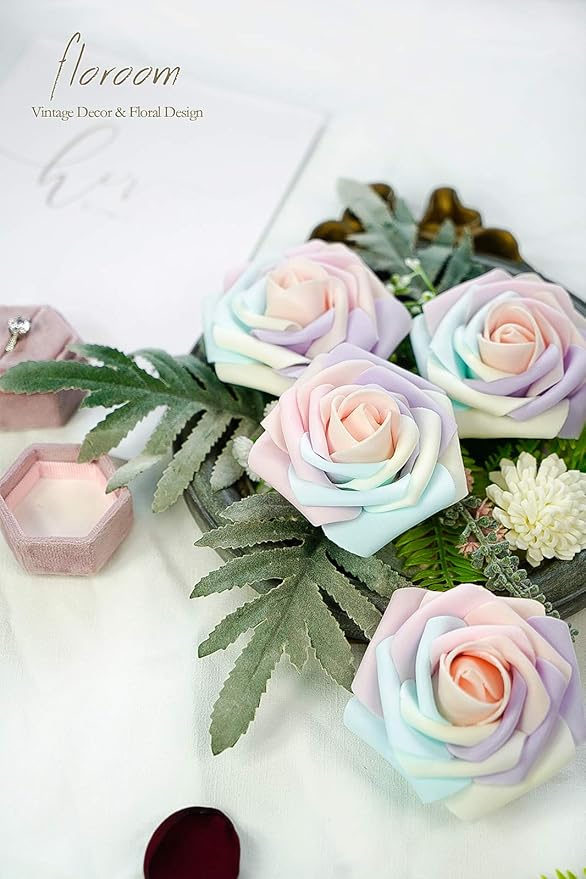 Floroom Artificial Flowers 25pcs Real Looking Whimsical Blush Foam Fake Roses with Stems for DIY Wedding Bouquets Baby Shower Centerpieces Floral Arrangements Party Tables Home Decorations
