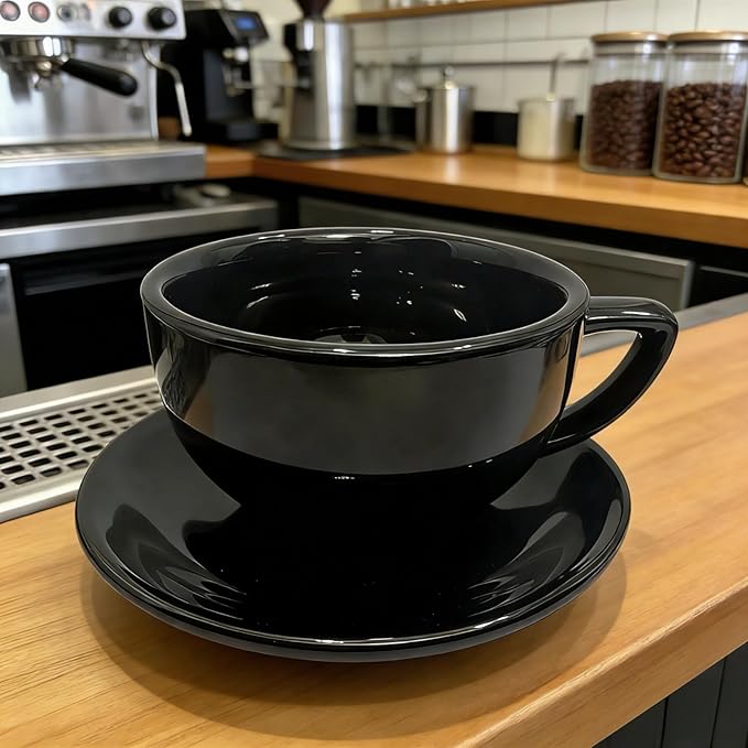 Ceramic Latte Mug, 10.82oz Barista Cup with Saucer, 7mm Thickened Rim Ceramic Cappuccino Cup, Vintage Latte Art Mug for Home & Café (Bright Black)