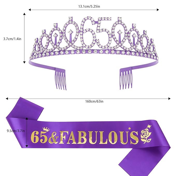 Casoty Purple 65th Birthday Sash and Tiara, 65 and Fabulous Sash and Tiara Set, 65th Birthday Decorations for Women, Happy Birthday Party Supplies for Women, Gfits for Her