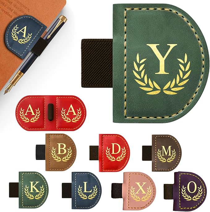 Personalized Leather Magnetic Bookmark with Pen Holder, Custom Bygone Mark Bookmark with Pen Holder, Custom Bookmarks with 26 Letters for Reading Women, Men, Teachers, Book Lovers（Green，Y）