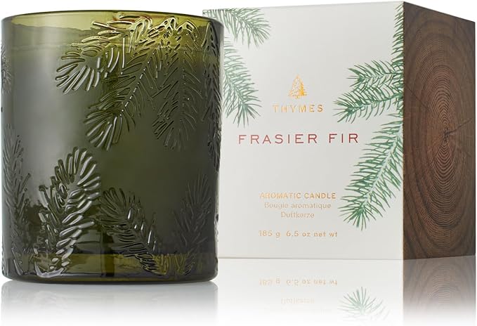 Thymes Frasier Fir Candle - Molded Green Glass Jar with Pine Needle Design - Winter Candle Gifts for Women & Men - Fresh Home Fragrance - Notes of Crisp Siberian Fir, Cedarwood & Sandalwood (6.5 oz)