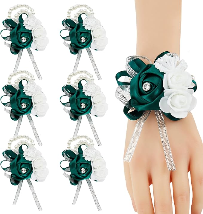 Meldel Wrist Corsage Bracelets for Wedding Mother of Bride and Groom, Green Silk Rose Wrist Hand Prom Flower Ceremony Anniversary,Dinner Party, Homecoming, Set of 6