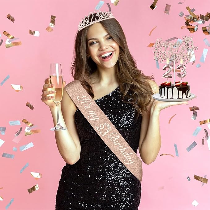 23 Birthday Decorations for Women Including Sash and Tiara, Cake Topper and Candles, 23rd Birthday Gifts for Women, Rose Gold Party Decor Supplies