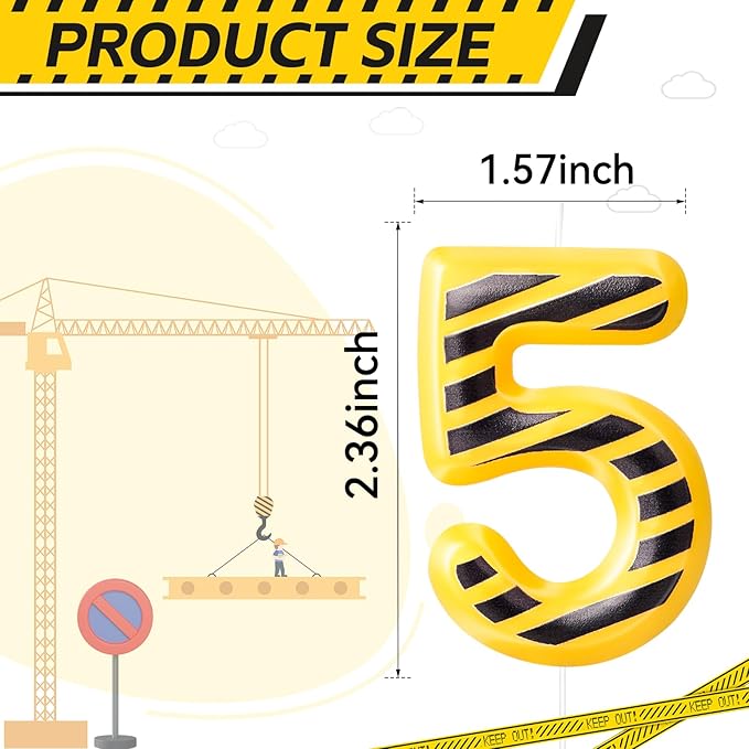 Construction Themed Birthday Candles Number 5 Candle Birthday Party Decoration Cake Topper for Construction Party Decoration Theme Party Supplies (Number 5)