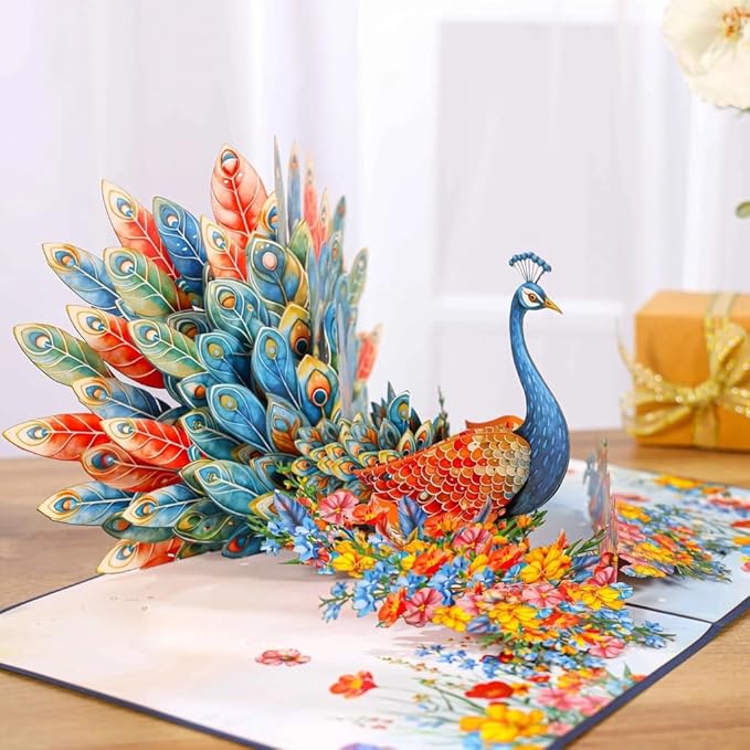 3D Pop Up Greeting Card – Elegant Peacock with Colorful Feathers & Flowers – Unique Card for Birthday, Anniversary, Wedding & Special Occasions, A55