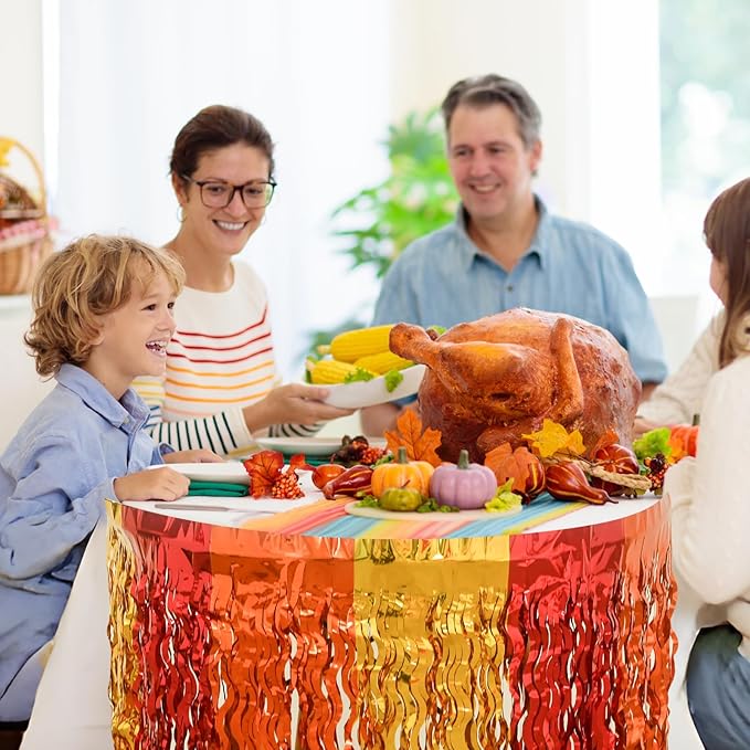 Mega-L Thanksgiving Party Decorations, 4 Pack Red Orange Gold Wavy Metallic Tinsel Foil Fringe Table Skirts for Rectangle and Round Table, Party Decorations for Friendsgiving Fall Harvest Autumn Party
