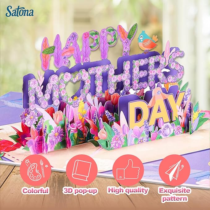 SATONA 3D Mother Pop-Up Greeting Card, Elegant Floral Scene, Includes Envelope & Message Card, Perfect for Mothers, Wives, Grandmas, or a Special Occasion (Happy Mother’s Day)
