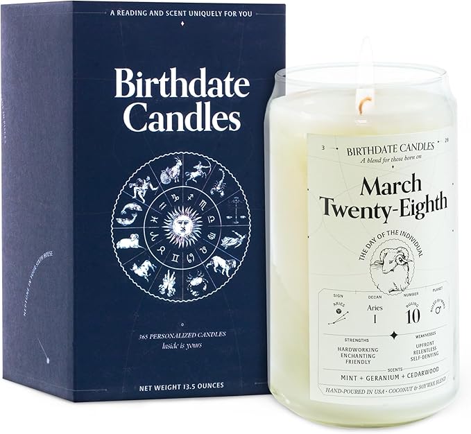 Birthdate Candles, March 28 - Aries Zodiac Scented Candles Birthday Gift - Mint, Geranium & Cedarwood Scent - All-Natural Soy & Coconut Wax, 60-80 Hour Burn Time - Made in USA