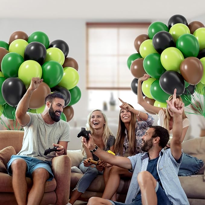60pcs Green and Brown Balloons 12inch with Brown Black Dark Lime Green Balloons for Jungle Video Game Theme Baby Shower Birthday Party Decorations