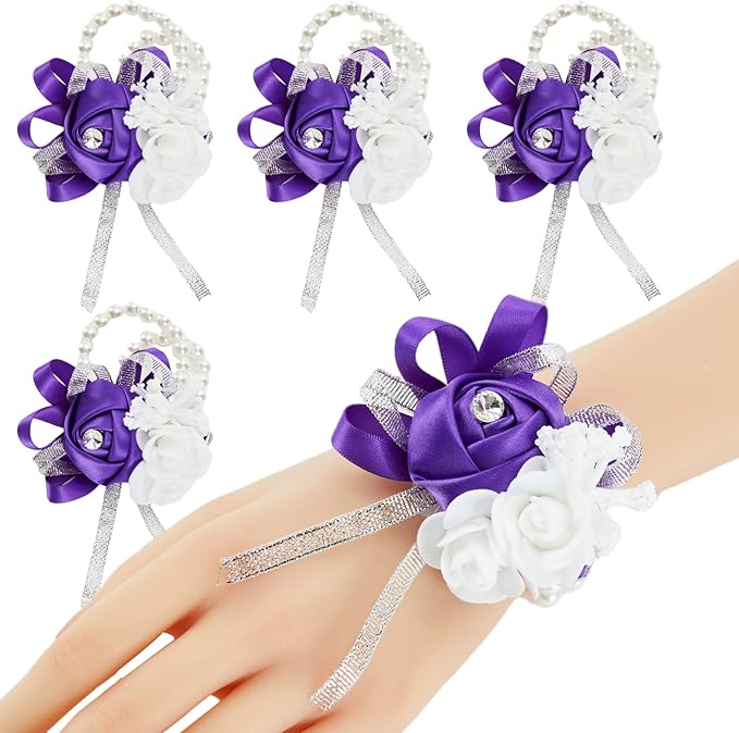Meldel Artificial Wrist Corsage for Bride Bridesmaid Wedding, 4PCS Purple Rose Bride and Groom for Mother Wrist Hand Flower Girl Prom Ceremony Party Homecoming