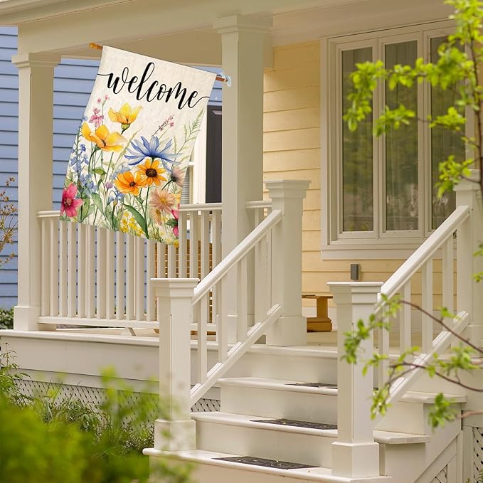 EKOREST Welcome Flowers House Flags for Outdoor Decoration, Spring Watercolor Floral Large Yard Flag, Decorative Summer Celebration Decor for Seasonal Farmhouse Holiday Outside 28x40 Inch Vertical