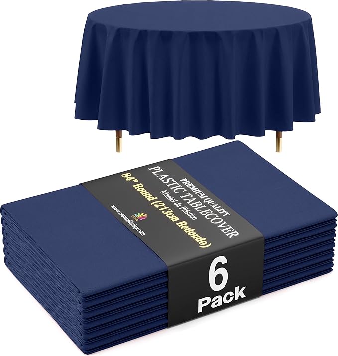 Exquisite 66% Thicker Premium Navy Blue Round Tablecloth 0.5 Mil 6 Pack Plastic Table Cloth Disposable 84 Inch Round Plastic Tablecloth Won't Tear Easily Like Cheap Thin Brands