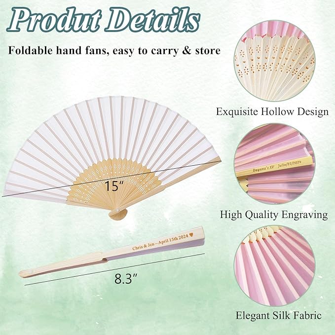 100 Pcs Personalized Pink Wedding Folding Fans for Guests, Custom Engraved Summer Wedding Fans, Folded Hand Fans for Wedding Favors, Vintage Silk Handheld Fans for Bridal Shower Decorations