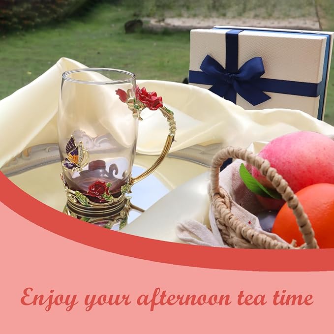 Flower Tea Cup ,Butterfly Rose Clear Glass Fancy Coffee Mug with Spoon,Gift Box for Her Mom Wife Grandma Girls Friends Valentines Christmas Birthday Present Idea for Juice,Hot And Cold Drinks Use