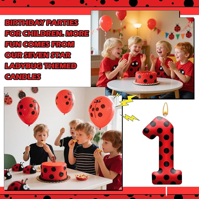 Ladybug Theme Birthday Candles - Red & Black Polka Dot Decorative Candles for Kids Ladybug Themed Parties, Baby Showers, Birthday Cakes, and Ladybird Inspired Celebrations(Number 1)