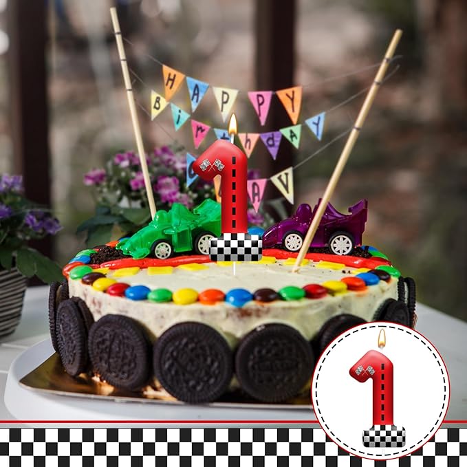 Racing Car Theme Birthday Candle with Checkered Flag Design - Durable Cake Topper for Race Car Party Decorations,Birthday Supplies - Number 1 Candle for Racing Themed Celebrations