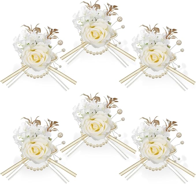 6 Pcs Rose Wrist Corsage, Champagne Artificial Flower Wristlet for Bride Exquisite Ceremony Accessories for Party, Wedding, Anniversary