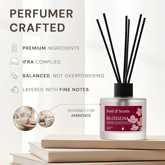 Soul & Scents Reed Diffuser Set – Blossom | 7.43 oz Refillable Scented Oil with 6 Fiber Sticks | Long-Lasting Home Fragrance & Air Freshener for Bedroom, Bathroom, Office | Gift & Décor Piece