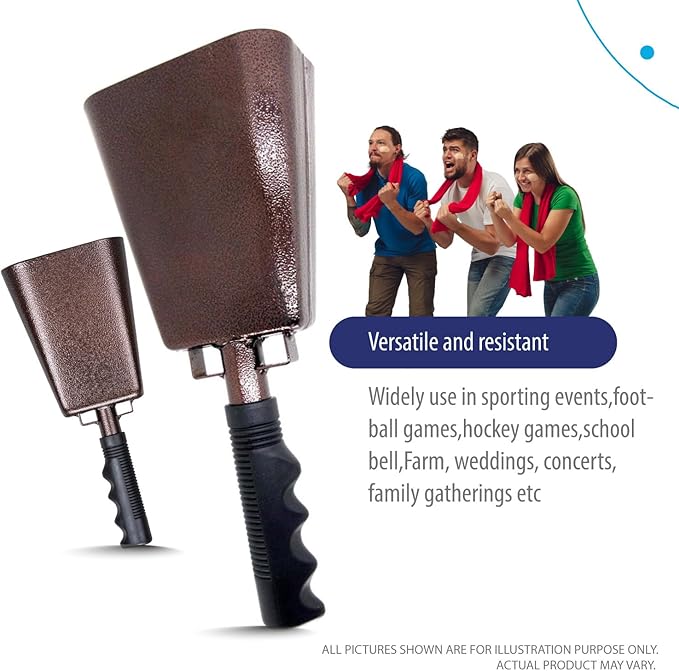 Deke Home - 2 Pack 10 Inch Steel Cowbells with Handle, Loud Noise Makers for Football, Sports, Parties, Competitions, School Spirit & Safety, Large Hand Bell for Cheering & Percussion Instrument