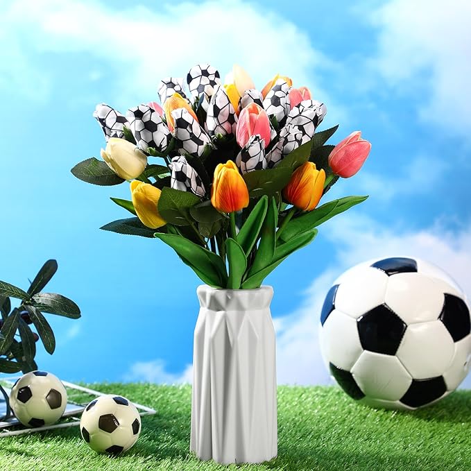 Suhine 6 Pcs Sports Party Favors Cheer Gifts Artificial Football Soccer Basketball Baseball Flowers for Birthday Game Day Tailgate Wedding Party Decorations (Soccer Color,Normal)