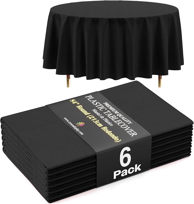 Exquisite 66% Thicker Premium Black Round Tablecloth 0.5 Mil 6 Pack Plastic Table Cloth Disposable 84 Inch Round Plastic Tablecloth Won't Tear Easily Like Cheap Thin Brands