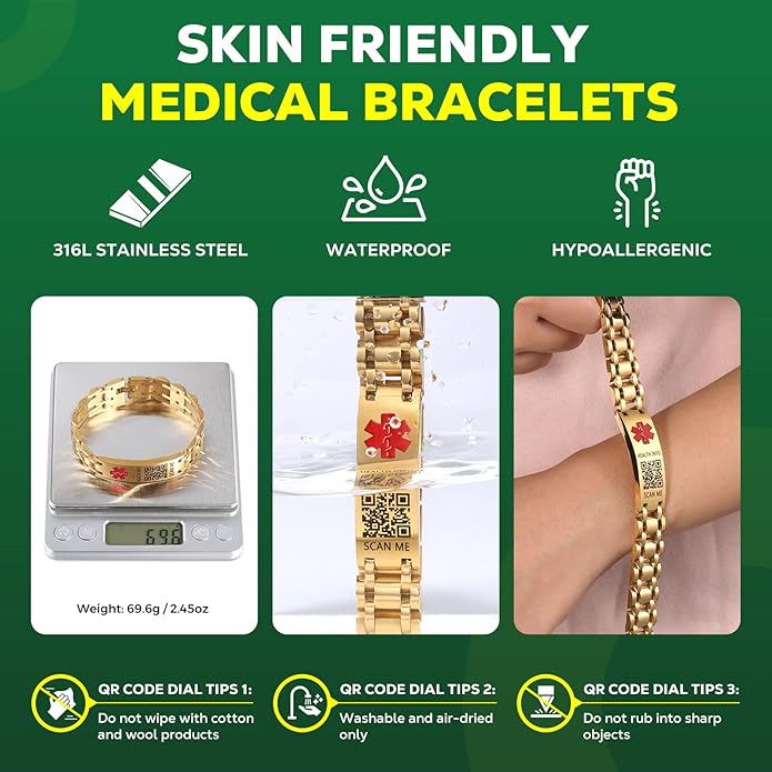 Upgraded Medical Bracelets Men Women with QR Code Medical Alert ID Bracelets - Titanium Steel Wristband Fits Wrists Up 8''-10'' - More Space Custom Emergency Med ID Info