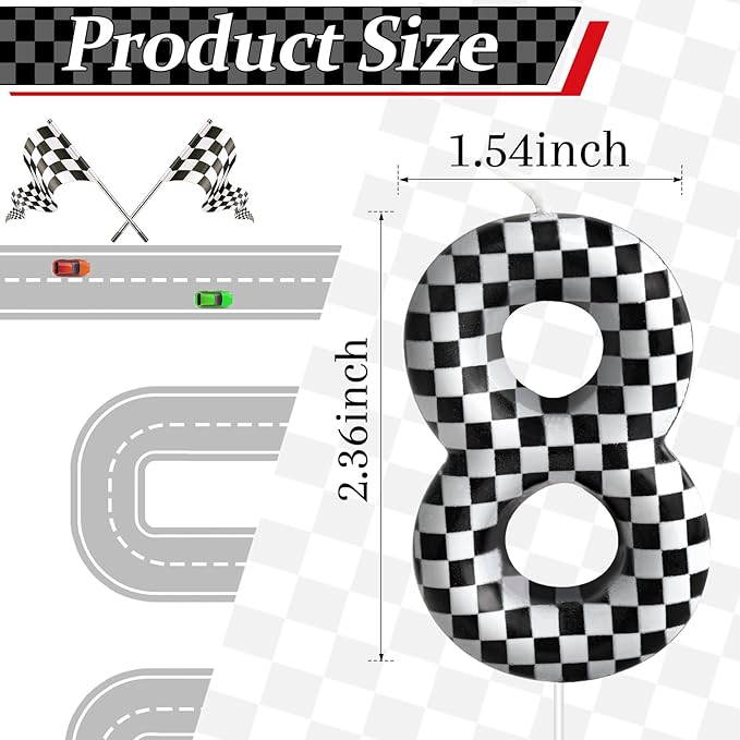 Racing Cars Themed Birthday Candle Number 8 Checkered Candle Birthday Party Decoration Cake Topper for Racing Car Party Decoration Theme Party Supplies (Number 8)