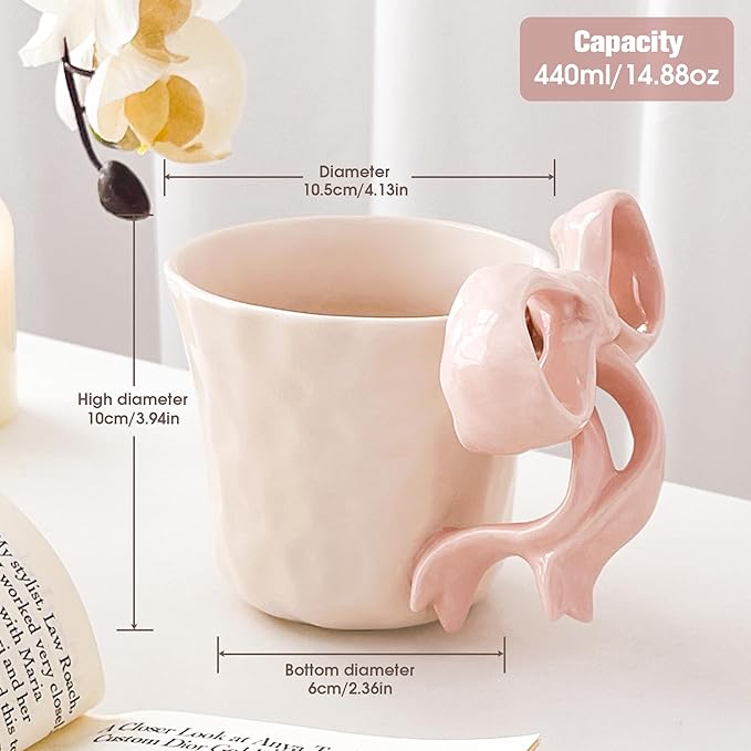 Pink Ceramic Coffee Mug with Bow Handle, Cute Girly Cup for 14oz, Handmade Kawaii Soup Mug for Latte Tea Milk Cocoa, Pretty Birthday Valentine Gifts for Women and Girls
