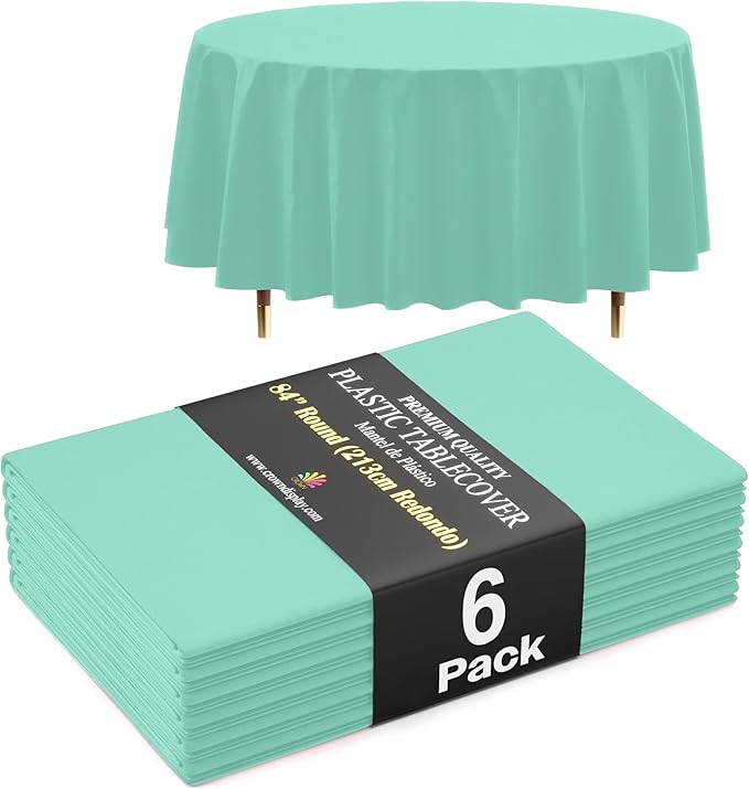 Exquisite 66% Thicker Premium Mint Round Tablecloth 0.5 Mil 6 Pack Plastic Table Cloth Disposable 84 Inch Round Plastic Tablecloth Won't Tear Easily Like Cheap Thin Brands