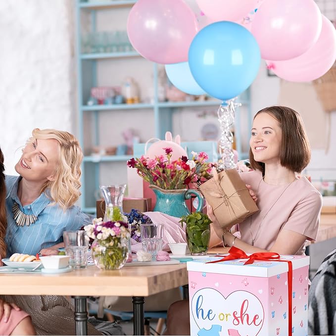 Hungdao Gender Reveal Balloon Box with Ribbon and 10 Pink and Blue Balloons Gender Reveal Games He or She Open to See for Party Decoration 12"x12"x16"(Cloth)