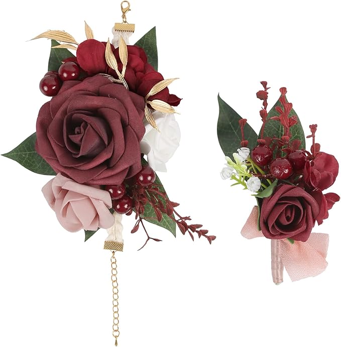 2Pcs Wedding Corsage and Boutonniere Set Burgundy Rose Corsage Wristlet and Boutonniere for Men Women Groom Bride Bridesmaid Groomsmen Wedding Party Accessory Prom Decoration (Burgundy)