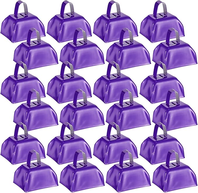 Yeshone 24 Pcs Metal Cowbell with Handle Cow Bells Noise Makers for Sporting Events Small Loud Noisemaker Cow Bell for Wedding Cheering Football Games, 3 x 2.8 x 2.5 Inch(Purple)