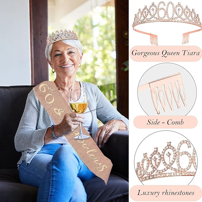 60th Birthday Decorations for Woman, 60th Birthday Sash and Crown, Cake Topper, Number Candles and Balloons,, 60 Year Old Gifts for Women
