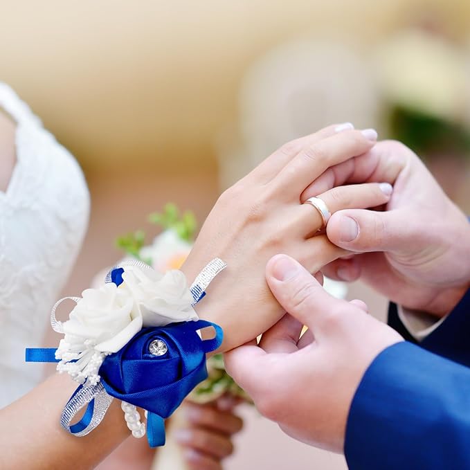 Zeyune 18 Pcs Wrist Corsages for Prom Wedding Artificial Rose Wristlet Corsage Hand Flower for Mother of Bride and Groom, Bridal, Bridesmaid Wedding Supplies (Royal Blue)