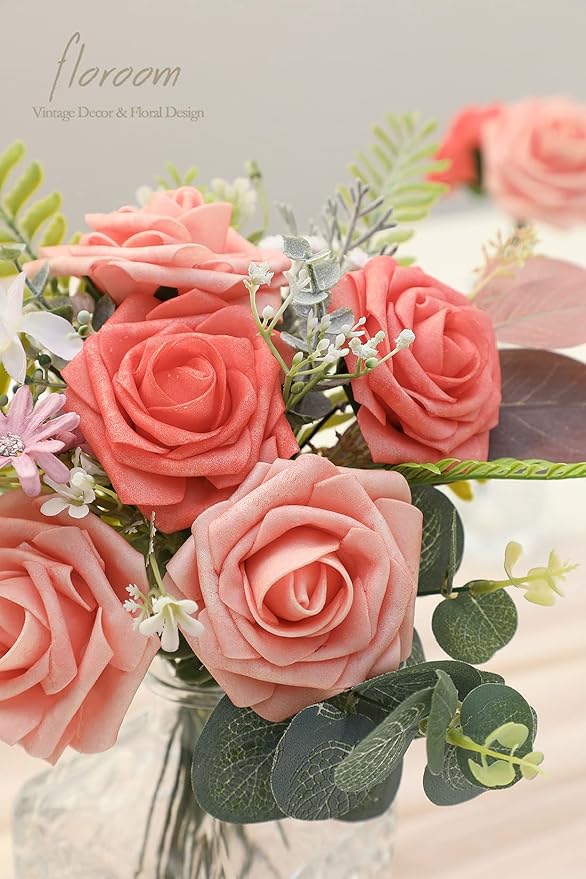Floroom Artificial Flowers 25pcs Real Looking Mixed Living Coral Foam Fake Roses with Stems for DIY Wedding Bouquets Bridal Shower Centerpieces Floral Arrangements Party Tables Home Decorations
