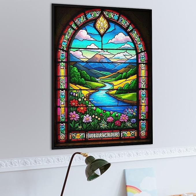 Wooden Jigsaw Puzzles - Stained Glass Window & View - 1000 Piece Jigsaw Puzzle for Adults Teenagers and Kids Educational Family Game，Home Decor，Suitable for Puzzle Enthusiasts and Collectors