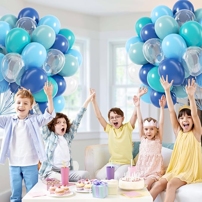 60pcs Under the Sea Balloons, Ocean Balloon with Light Blue Dusty Blue Teal Clear Balloons for Ocean Themed Under the Sea Baby Shower Birthday Party Decorations