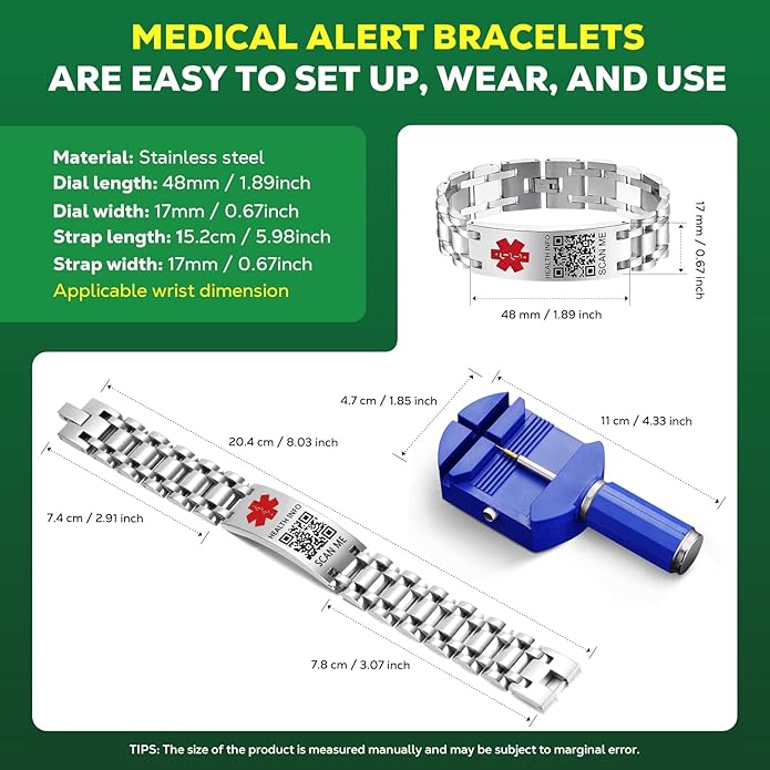 Upgraded Medical Bracelets Men Women with QR Code Medical Alert ID Bracelets - Titanium Steel Wristband Fits Wrists Up 8''-10'' - More Space Custom Emergency Med ID Info