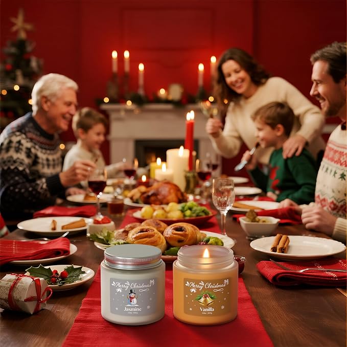 NORVENCE Christmas Candles, Scented Candle Gift Set of 4, Holiday Candles for Women and Men, Perfect Christmas Gifts for Women (Cinnamon, Pine, Vanilla, Jasmine, 14.4 oz)