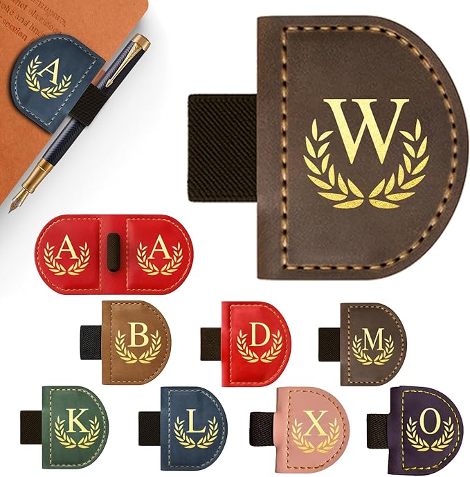 Personalized Leather Magnetic Bookmark with Pen Holder, Custom Bygone Mark Bookmark with Pen Holder, Custom Bookmarks with 26 Letters for Reading Women, Men, Teachers, Book Lovers（Coffee，W）
