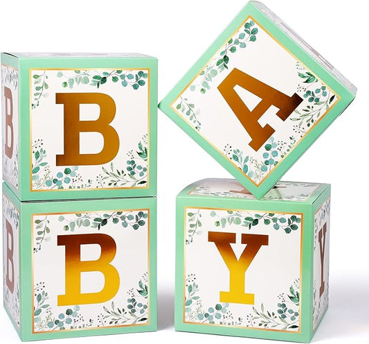 Sage Green Baby Boxes with Letters for Baby Shower, 4pcs Safari Baby Shower Decorations for Boys and Girl Balloon Boxes Gender Reveal Party Favors