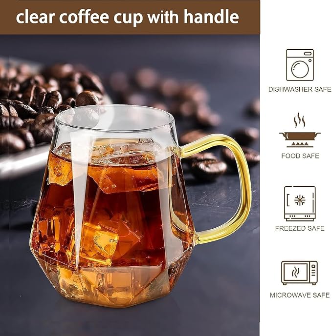 4pcs Crystal Clear Glass Coffee Cups Set with Handle,Espresso Mugs for Hot Espresso Liquor Microwave Safe coffee cups 10oz