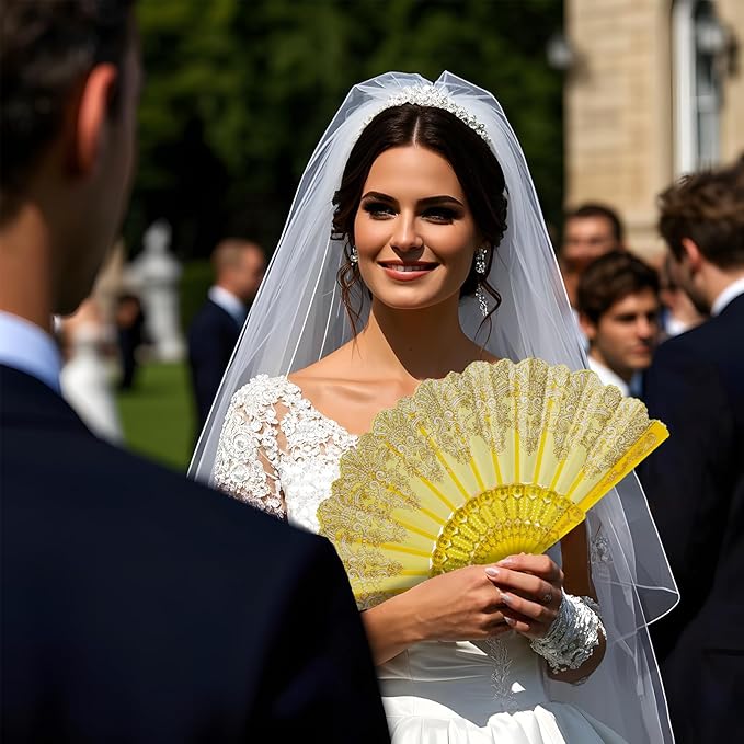 QIRMIZI 30 Pack Folding Handheld Fans, Silk Spanish Fan, Perfect for Weddings, Parties, and Dancing,Yellow