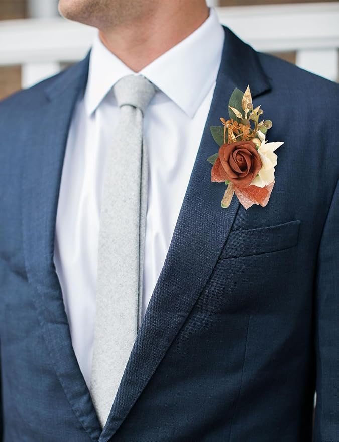 2Pcs Wedding Corsage and Boutonniere Set Orange Rose Corsage Wristlet and Boutonniere for Men Women Groom Bride Bridesmaid Groomsmen Wedding Party Accessory Prom Decoration (Orange)