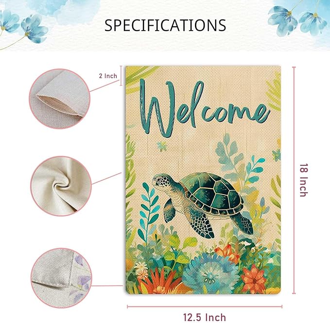 Jauageon Welcome Summer Garden Flag Sea Turtle Garden Flag Ocean Summer Floral Vertical Double Sided Rustic Farmland Burlap Yard Lawn Outdoor Decor 12.5x18"