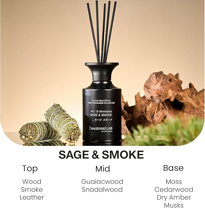 M&SENSE Reed Diffuser Set, 10.14 fl oz Large Reed Diffuser, Sage & Smoke Scented with Natural Essential Oils, Long Lasting with 7 Sticks, Non-Toxic Home Fragrance Reed Diffuser for Bedroom, Bathroom